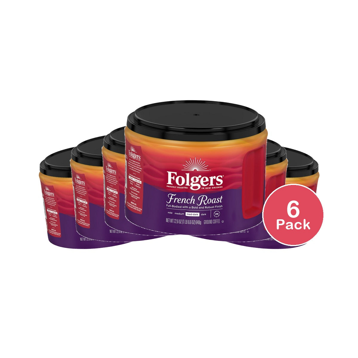 Folgers French Roast Ground Coffee Medium Dark Roast Canister 22.6 oz (Pack of 6)