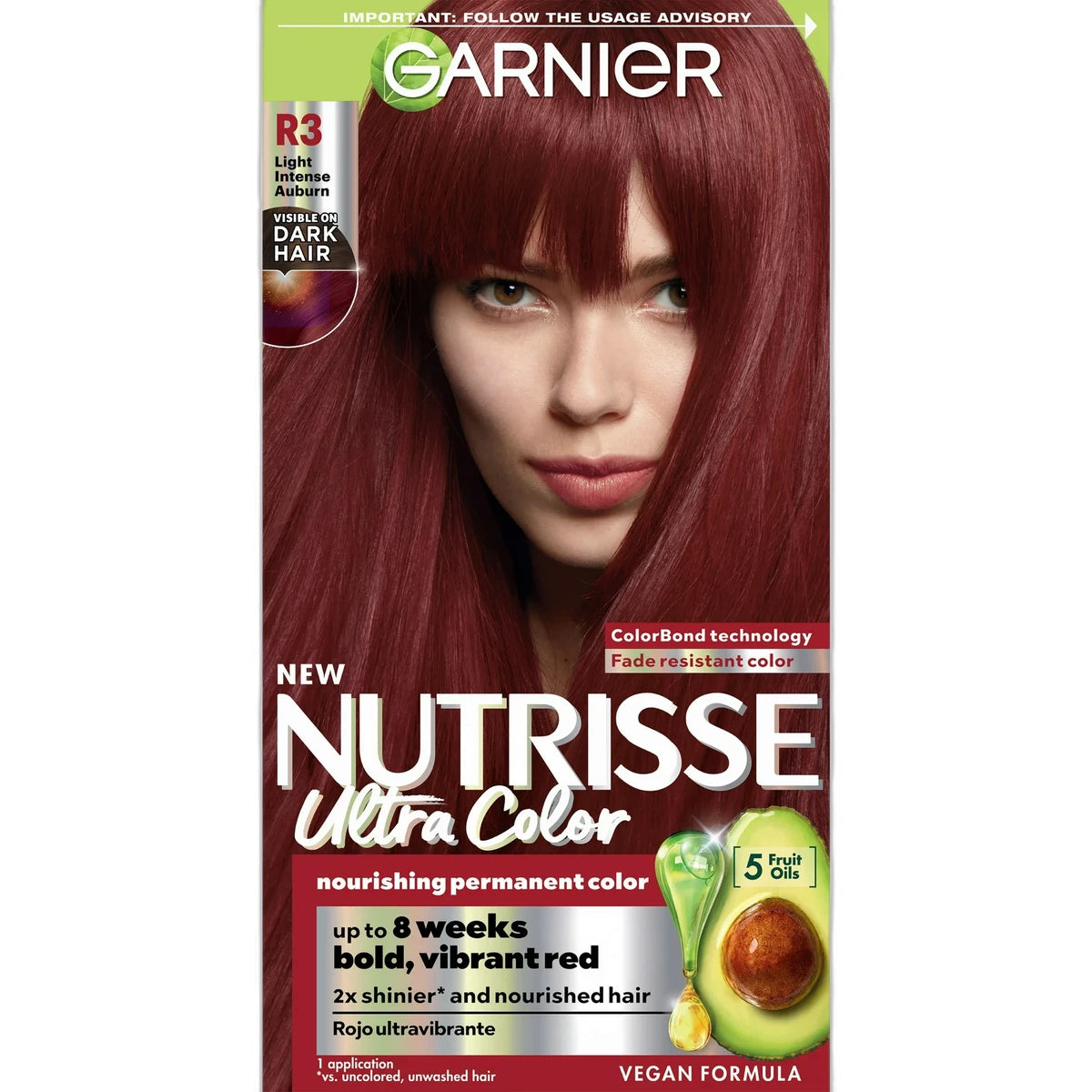 Garnier Nutrisse Ultra Color Nourishing Hair Color Creme R3 Light Intense Auburn 8.48oz (Pack of 12)
