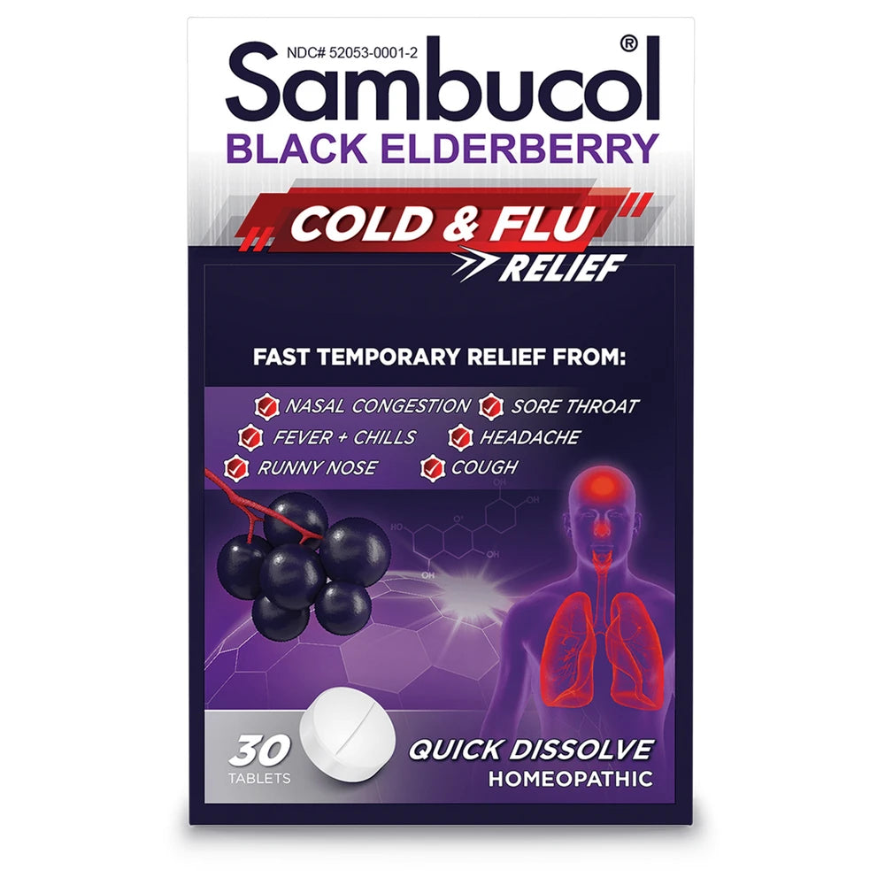 Sambucol Black Elderberry Homeopathic Cold & Flu Relief Tablets - 30Ct 0.48 Oz (Pack Of 24)