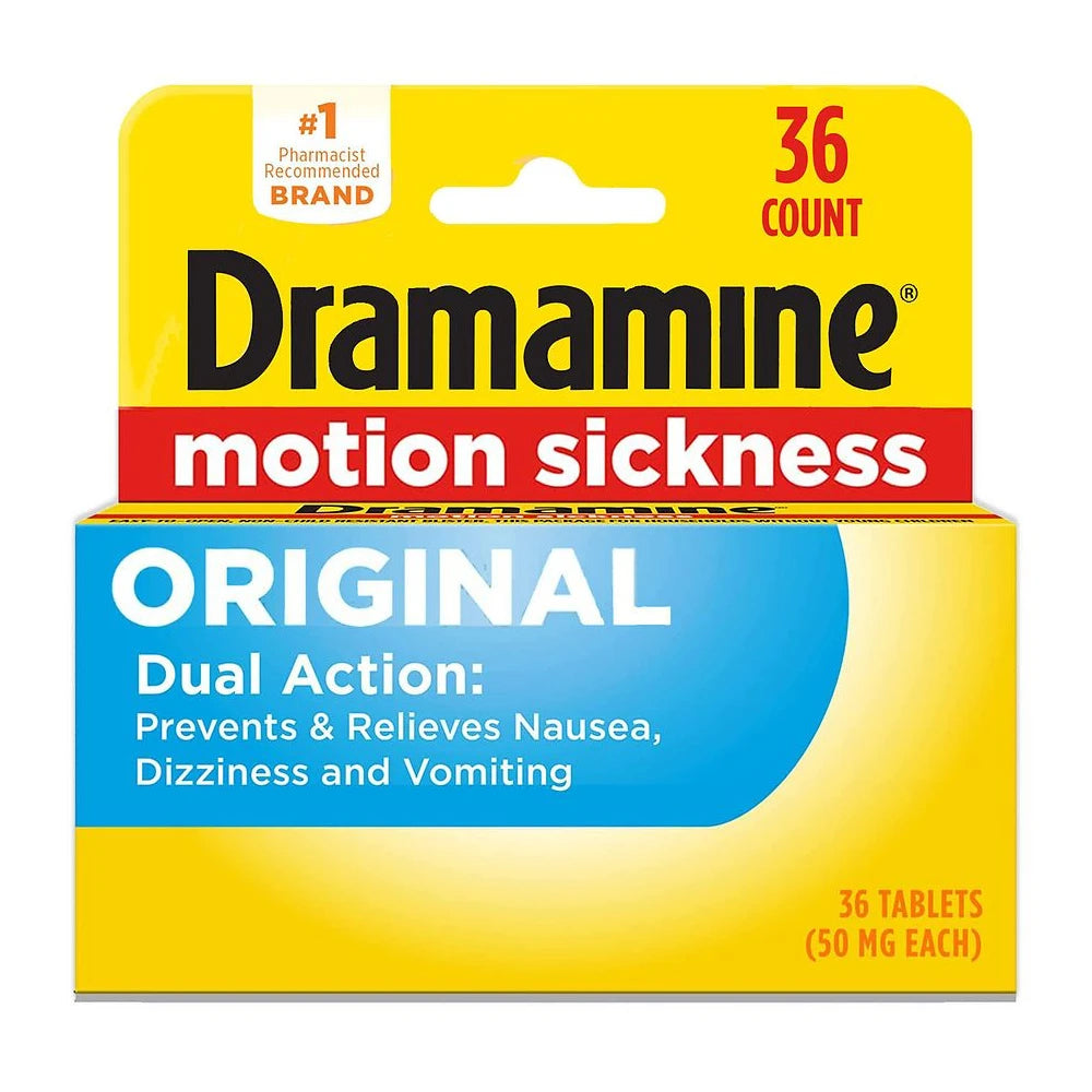 Dramamine Original Formula Motion Sickness Relief Tablets For Nausea, Dizziness 0.64 Oz (Pack Of 24)