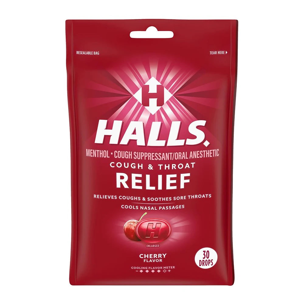 HALLS Triple Action Cough Drops, Cherry, 30/Bag 3.04 Oz (Pack of 48)