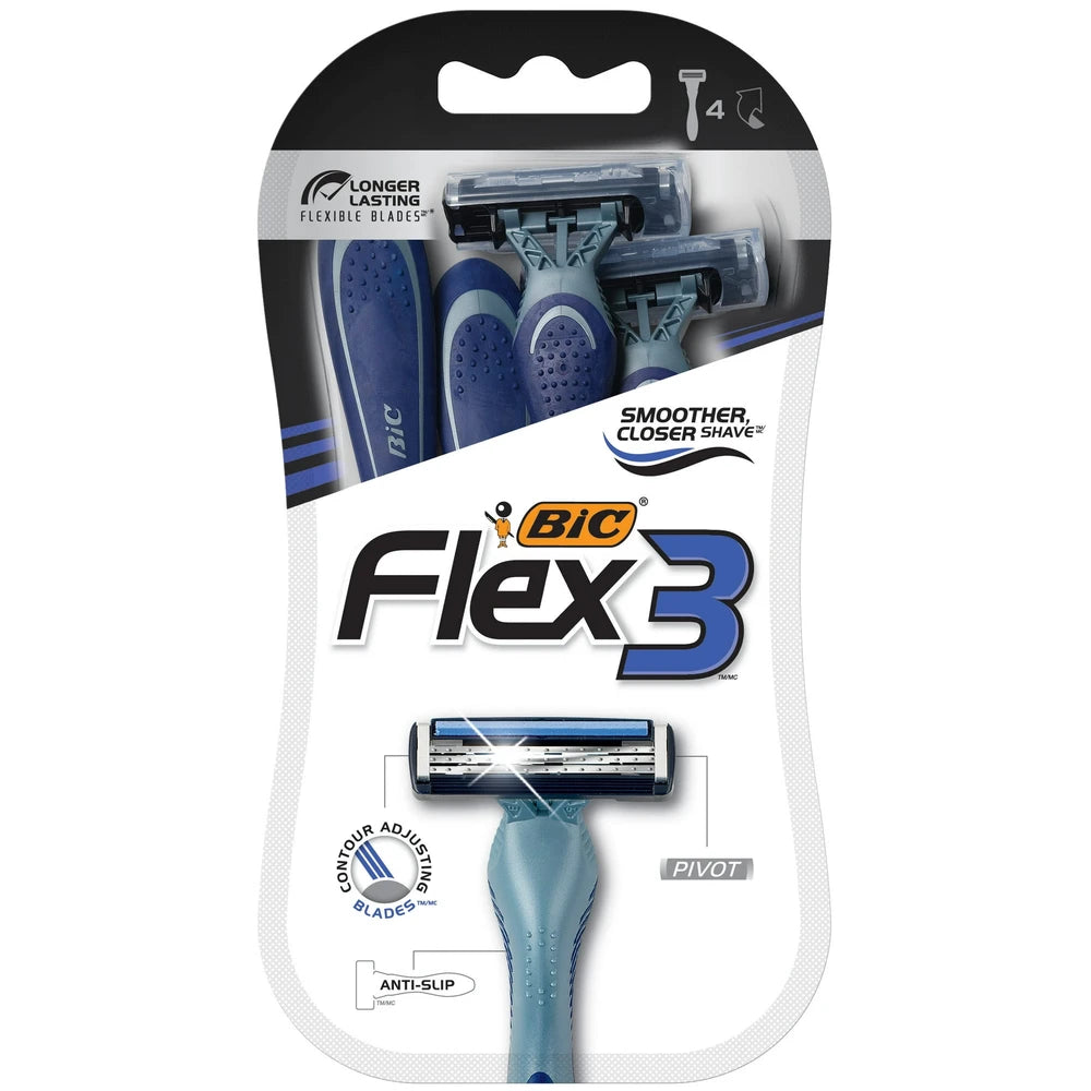 BIC Flex 3 Titanium Disposable Razor Three Blade Navy 4 Pack 3.2 Oz (Pack of 72)
