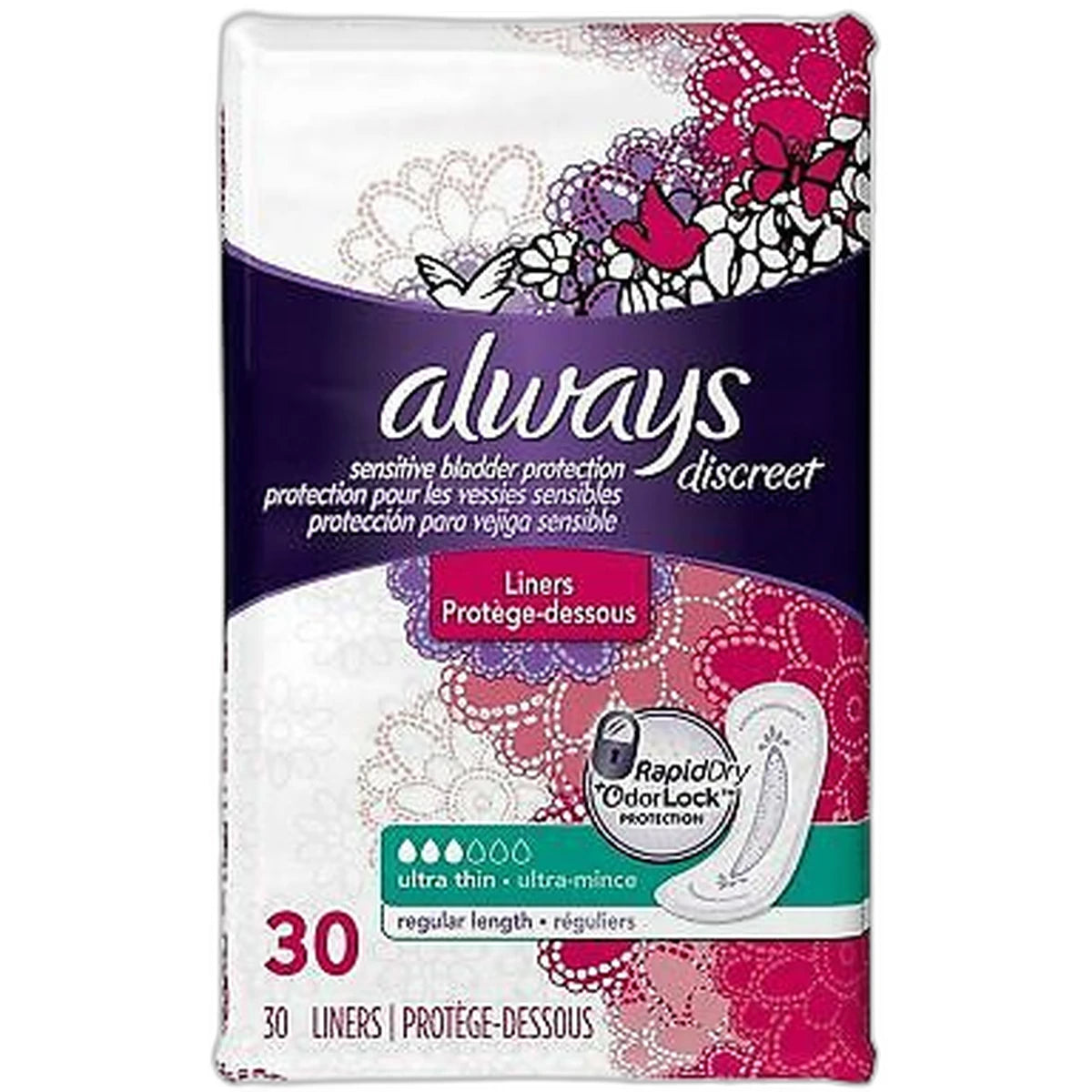 Always Discreet Ultra Thin Incontinence Pads For Women Regular Liners 2.18Oz (Pack Of 3)