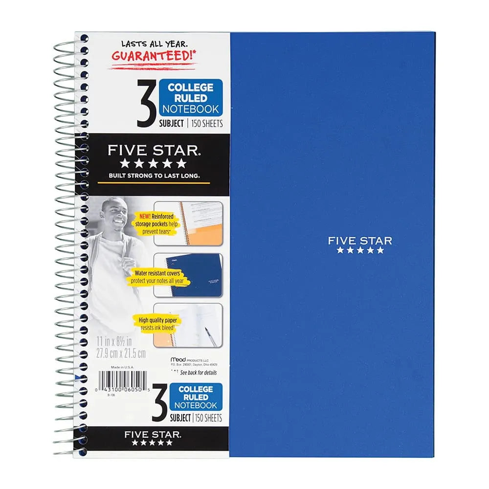 Five Star Wirebound 3-Subject Notebook College Ruled Color Choice Will Vary 15.7oz (11195) (Pack of 6)