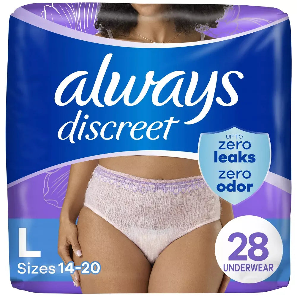 Always Discreet Incontinence & Postpartum Underwear for Women Maximum Large 28 Count 65.24oz (Pack of 2)