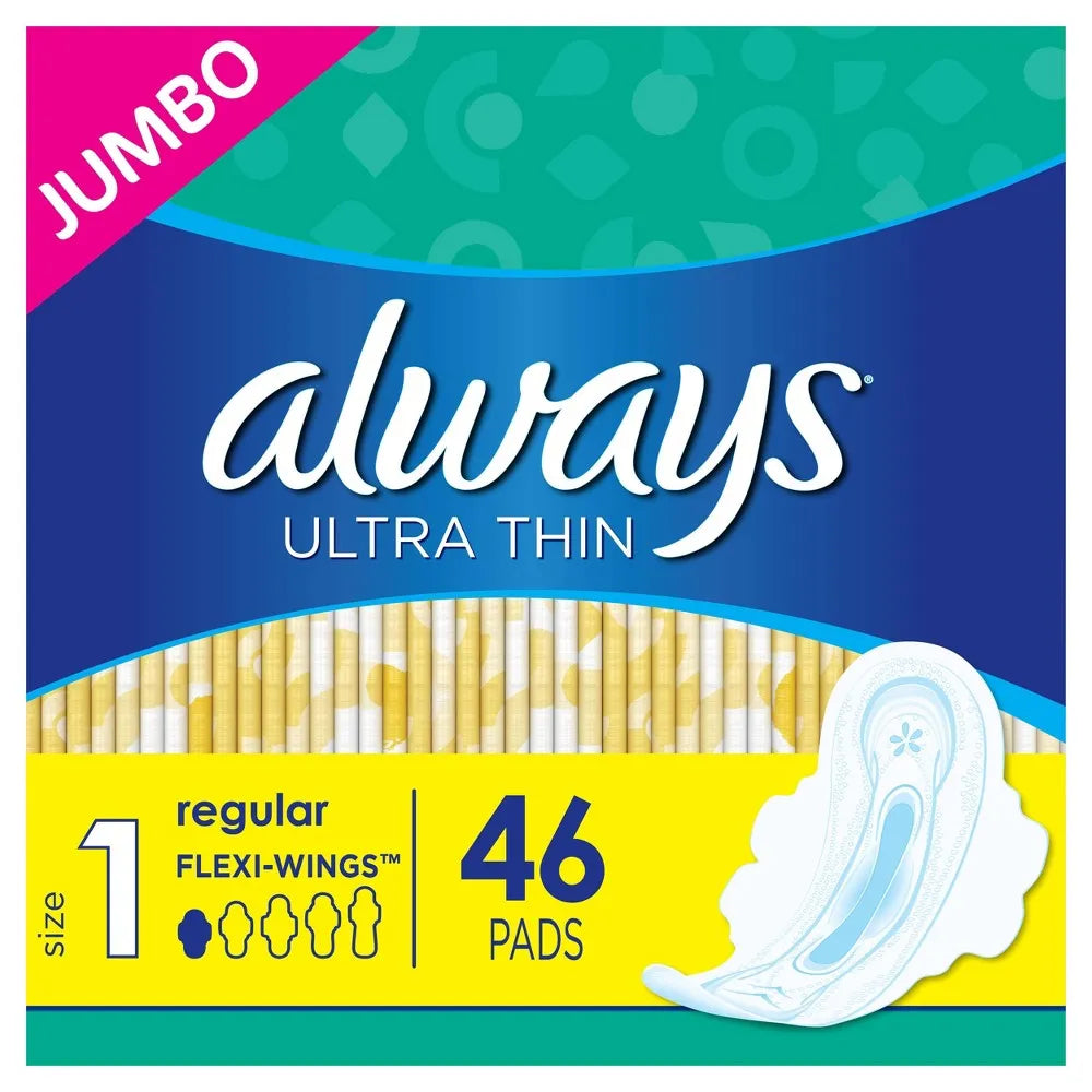 Always Ultra Thin Size 1 Regular Pads With Wings Unscented 46 Count image may vary 8oz (Pack of 6)