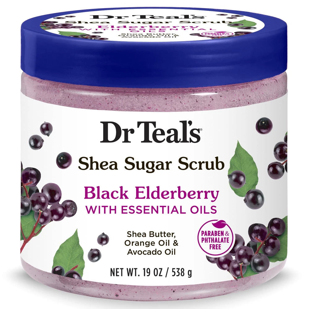 Dr Teal s Shea Sugar Body Scrub Black Elderberry with Essential Oils 19 oz (Pack of 12)