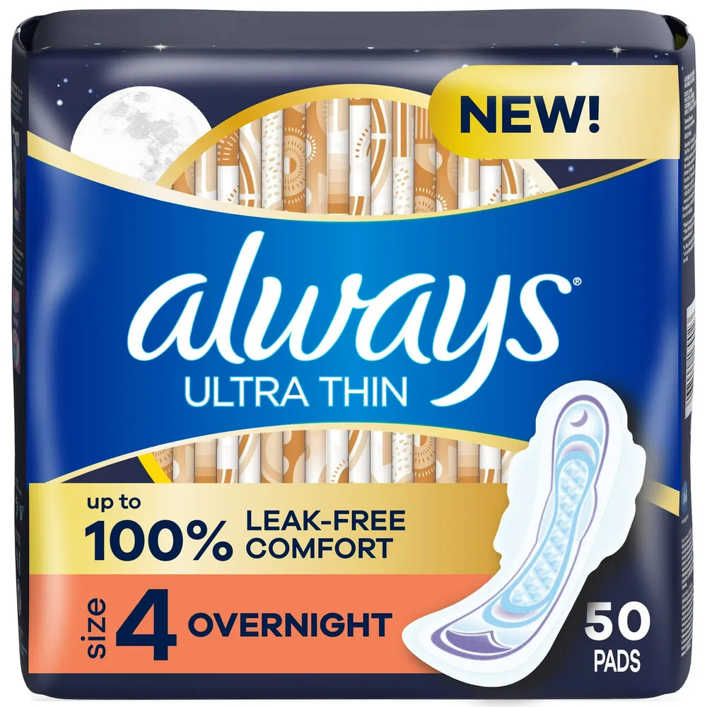 Always Ultra Thin Pads Size 4 Overnight Absorbency Unscented with Wings,11.84 oz 50 Ct (Pack of 3)