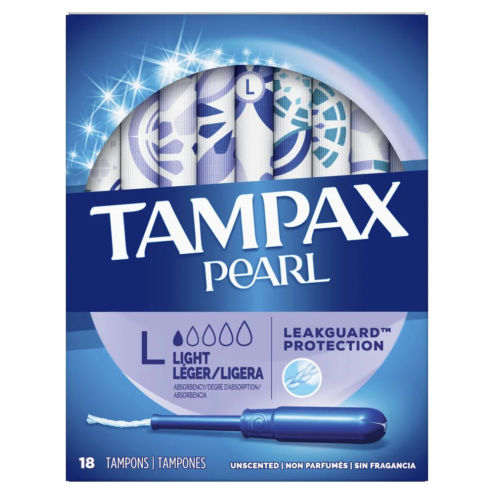 Tampax Pearl Tampons Light Absorbency With Leakguard Braid Unscented 18Count 3.53oz (Pack of 12)