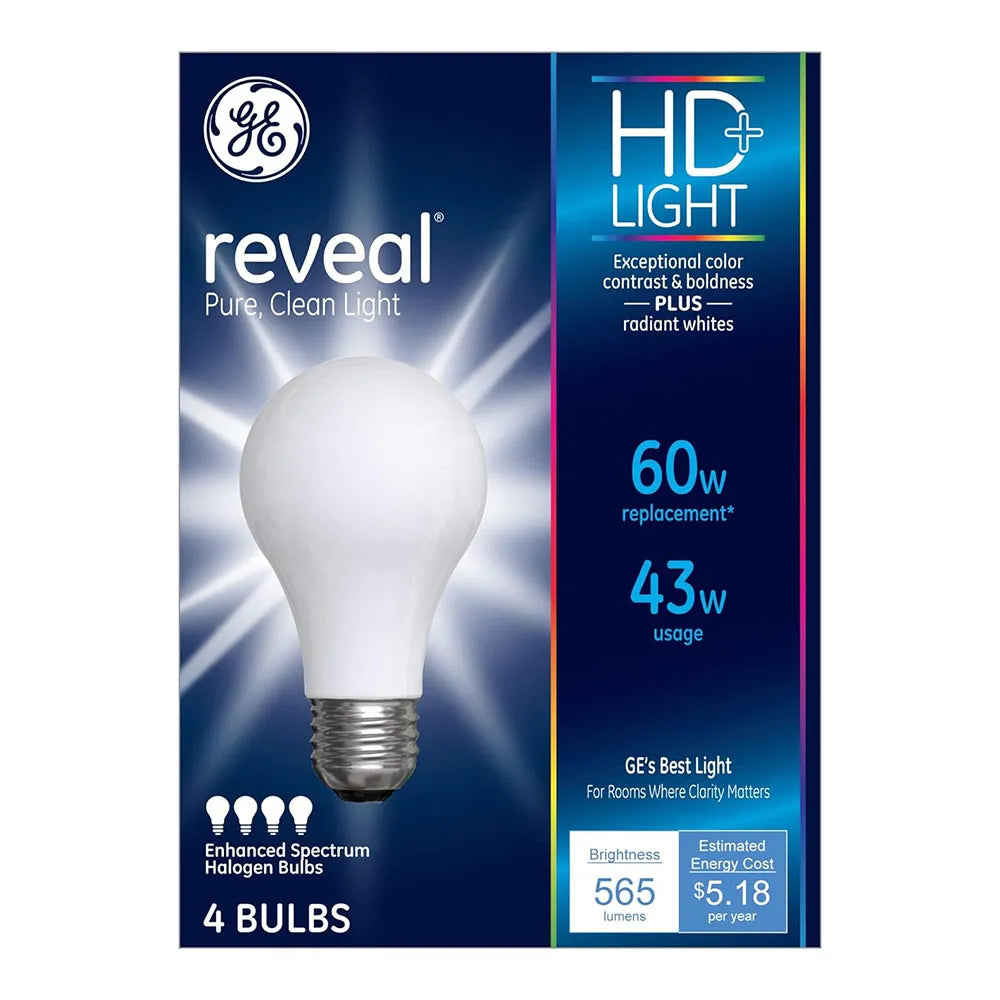GE Lighting Reveal Clean Light Bulbs 43 Watt Enhanced Spectrum Halogen Bulbs 8.4Oz (Pack of 12)
