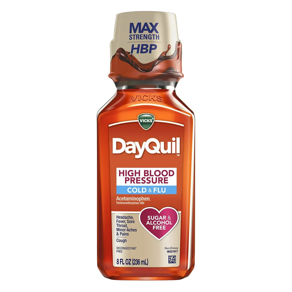 Vicks Dayquil High Blood Pressure Cold and Flu Relief Liquid Medicine 8Oz (Pack of 12)