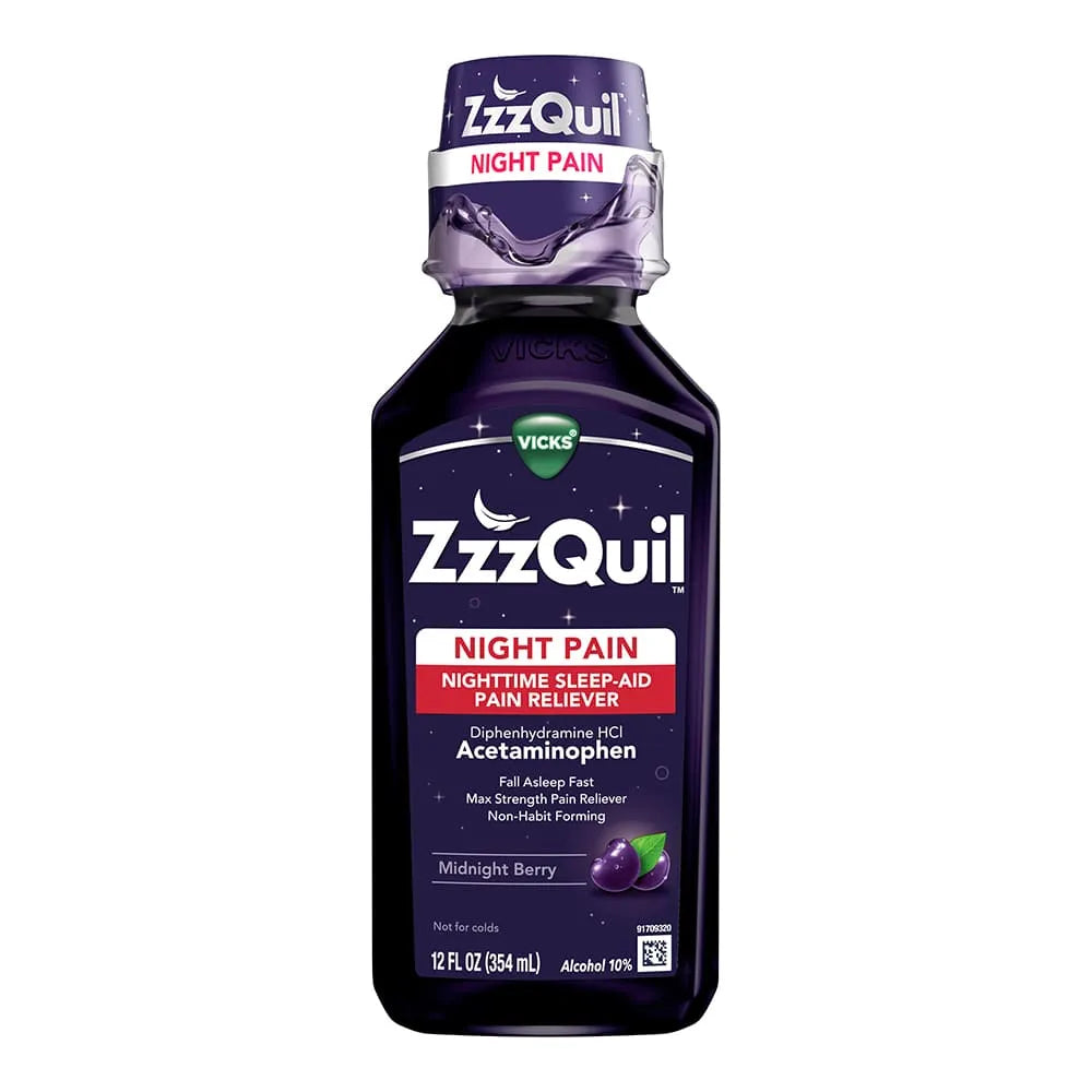 Vicks ZzzQuil Night Time Sleep Aid Pain Reliever Syrupm Midnight Berry Flavored 12Oz (Pack of 12)
