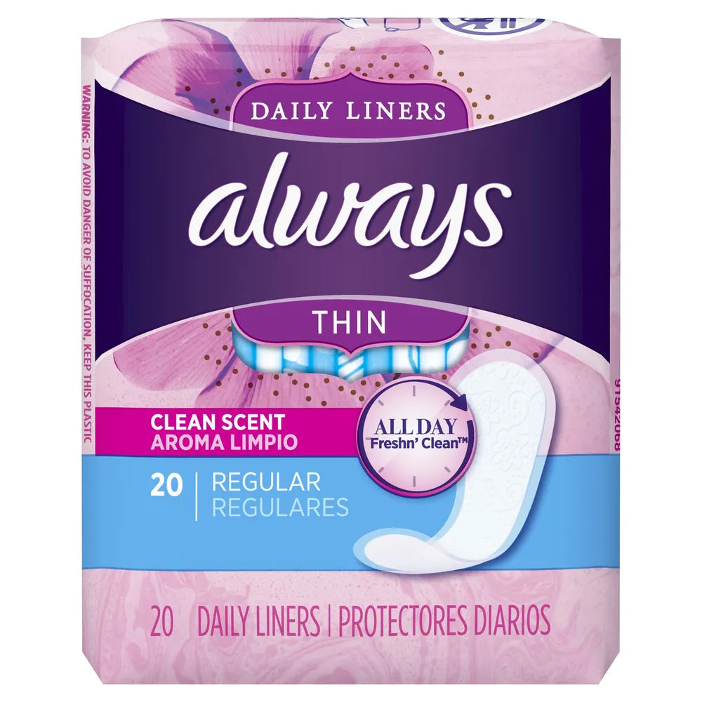 Always Daily Liners Fresh Pantiliners Thin Regular Clean Fresh Scent 20 Ea24 Pack 0.63Oz (Pack Of 24)