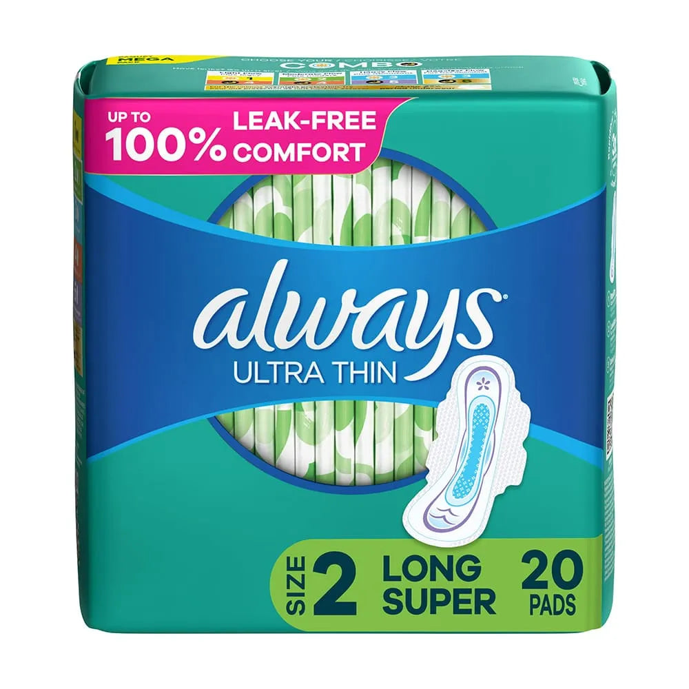 Always Ultra Thin Daytime Pads with Wings Size 2 Long Super Unscented 2.9Oz (Pack of 12)