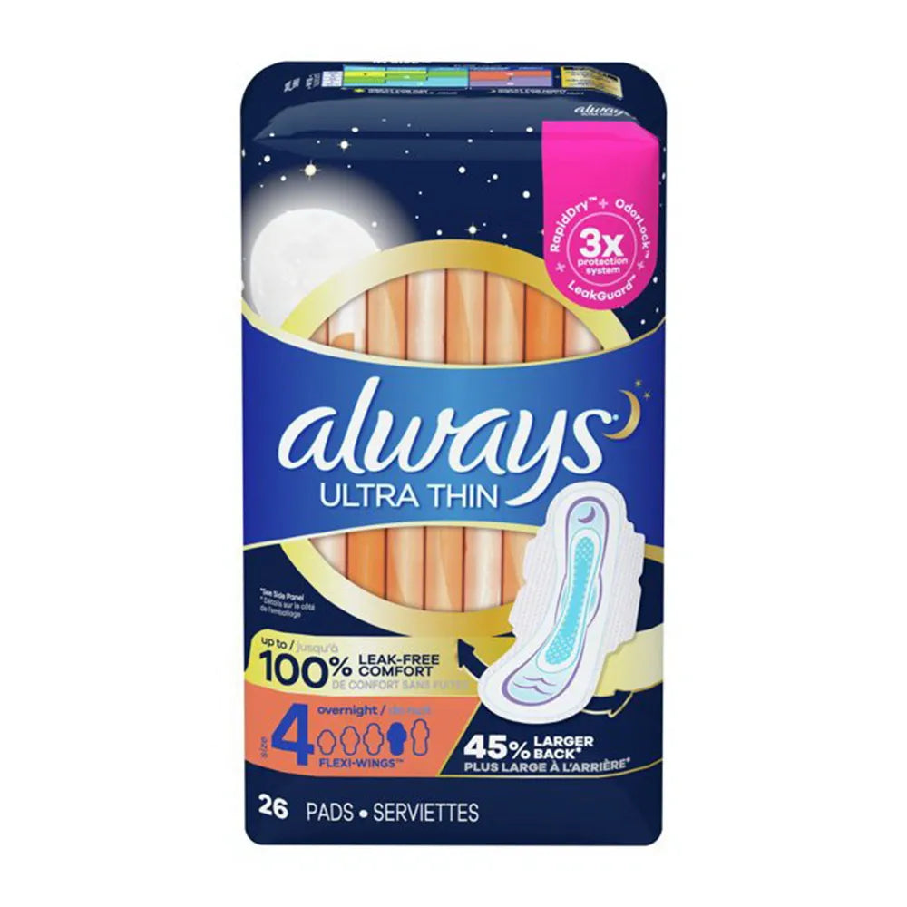 Always Ultra Thin Pads Overnight Absorbency Unscented with Wings Size 4 5.93Oz (Pack of 3)
