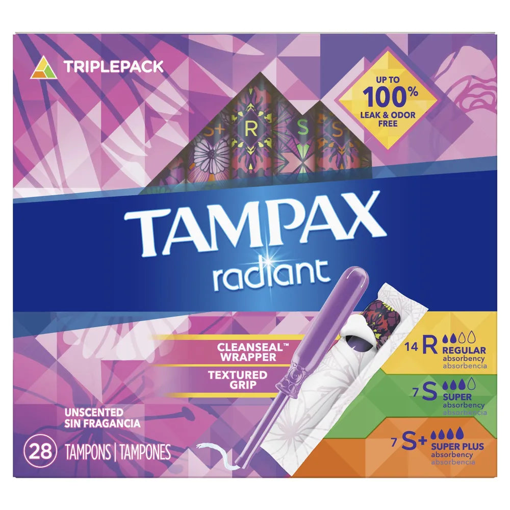 Tampax Radiant Tampons Trio Pack Regular Super Plus Absorbency Unscented 28 Count 6.56oz (Pack of 6)