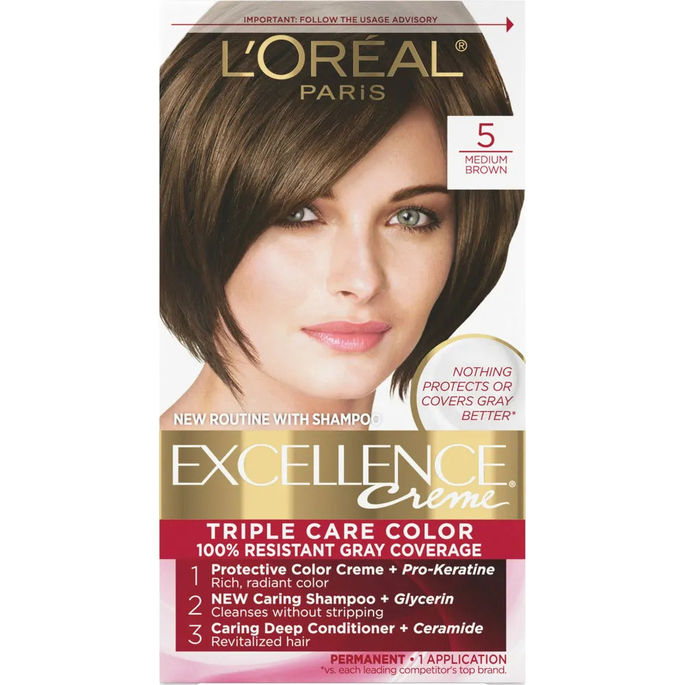 Loreal Excellence Triple Protection Hair Color Creme 5 Medium Brown 10.4oz (Pack of 12)