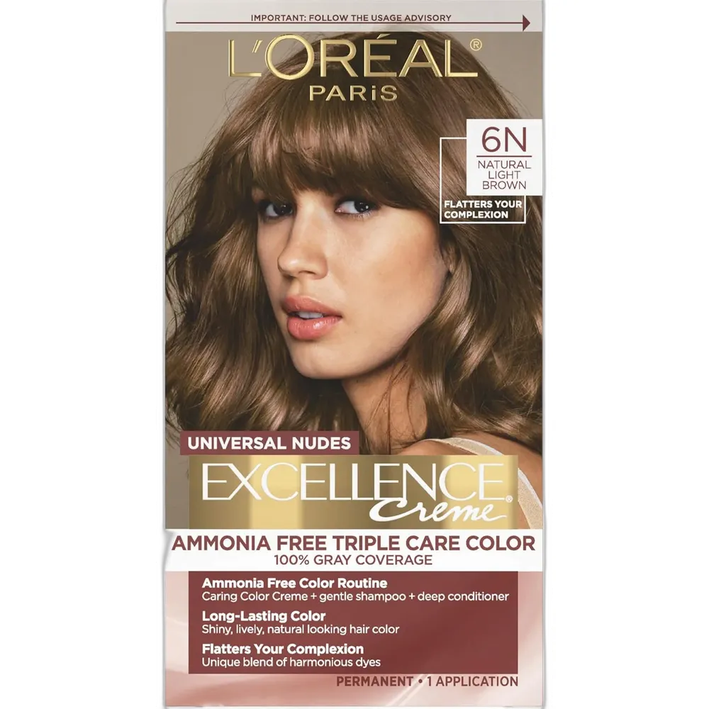 L'Oreal Paris Excellence Universal Nudes Permanent Hair Color 6N Natural Light Brown 100 Percent Gray Coverage 1 Kit 9.6oz (Pack of 12)