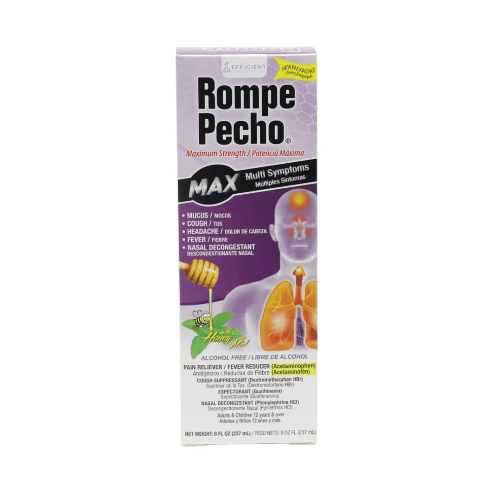Rompe Pecho Max MultiSymptoms Maximum Strength Cough Syrup, Alcohol Free - 8 oz (Pack of 24)
