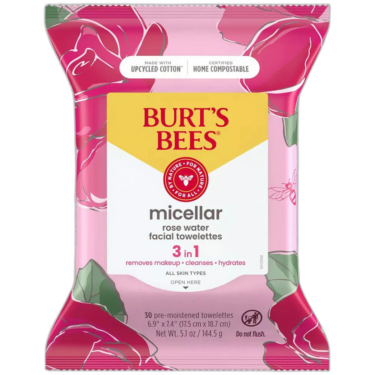 Burts Bees Micellar Makeup Removing Facial Cleansing Towelettes Rose Water 5.1oz (Pack of 12)
