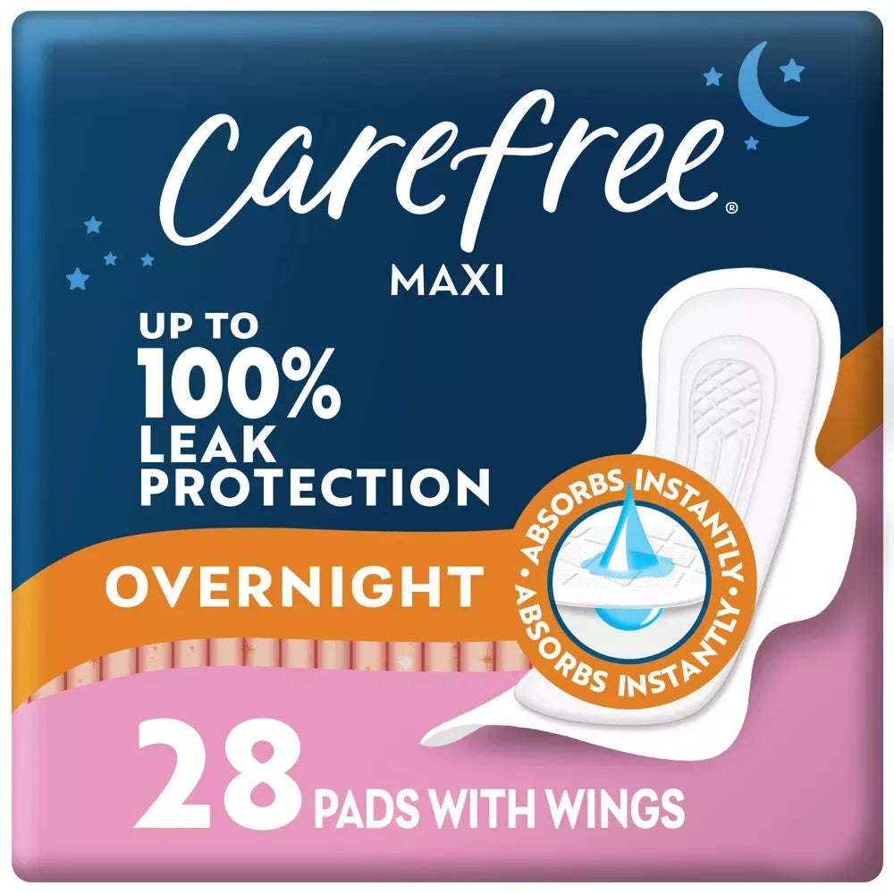 Carefree Maxi Pads for Women Overnight Pads With Wings 2 28ct 13.44oz (Pack of 4)
