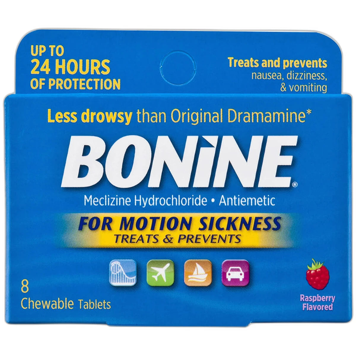 Bonine For Motion Sickness Chewable Tablets Raspberry Flavored8 ea (Pack of 24)