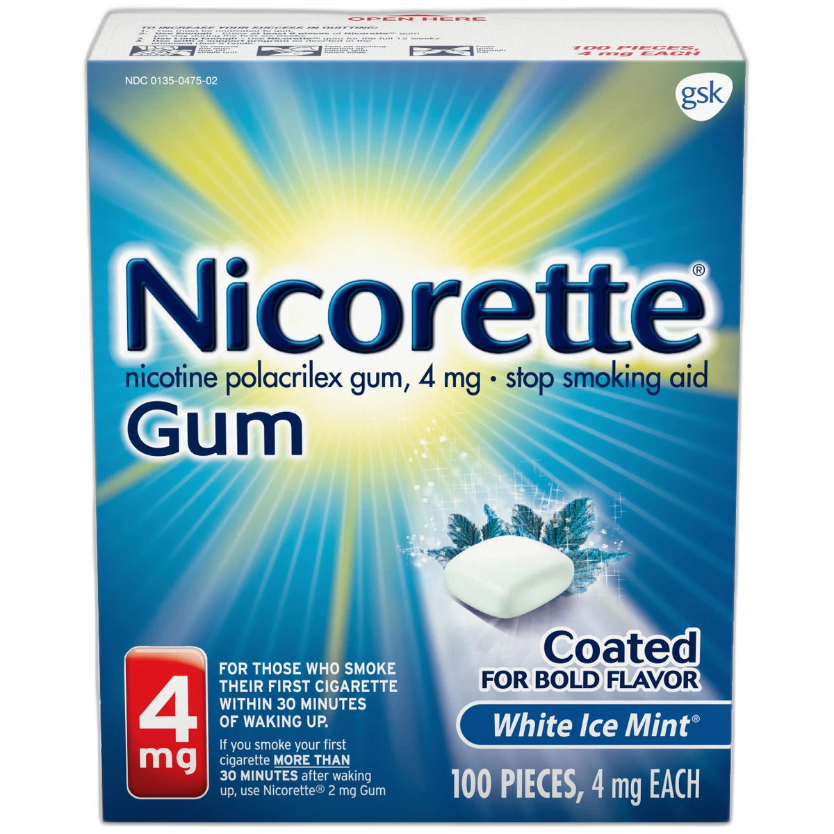 Nicorette Nicotine Stop Smoking Aid Gum 4 Mg White Ice Mint 5.29Oz (Pack of 12)