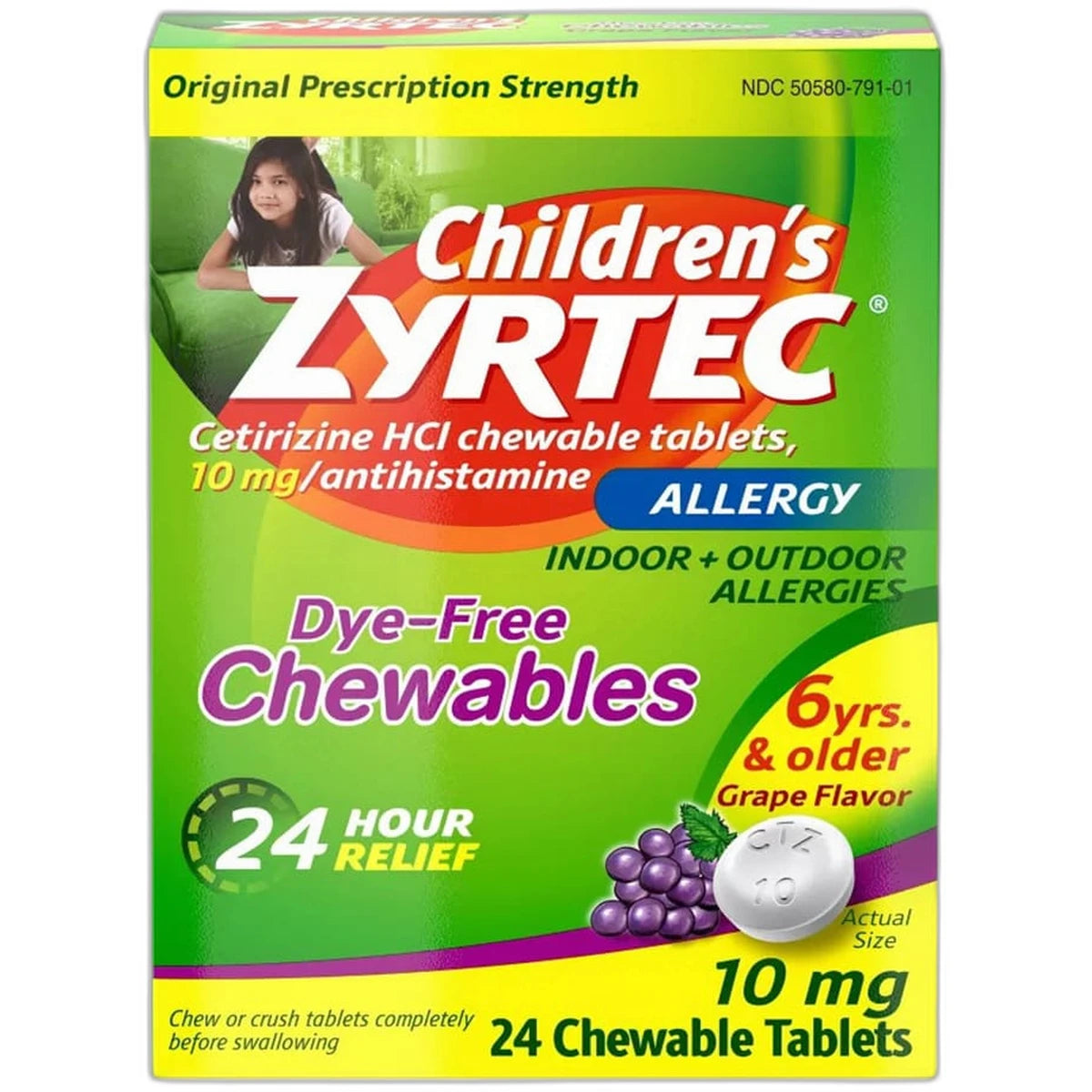 Zyrtec Allergy Dye Free Chewables 10 Mg Chewable Tablets Grape 1Oz (Pack of 24)
