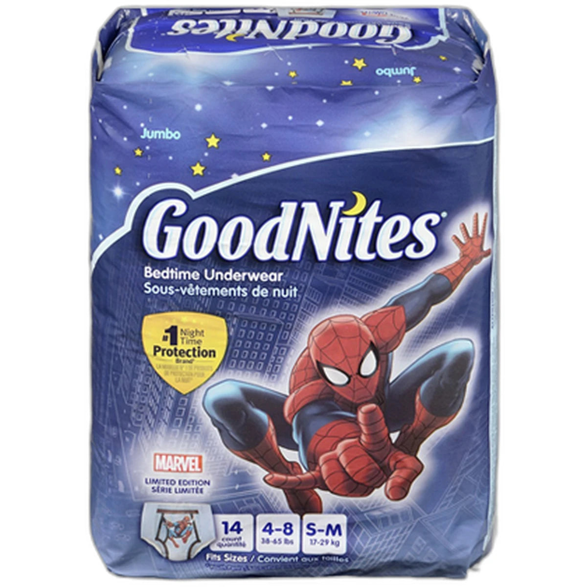 Goodnites Boys Bedtime Underwear Jumbo 38-65 Lbs Spider Man Small/Medium14 Ea 22.4Oz (Pack of 4)
