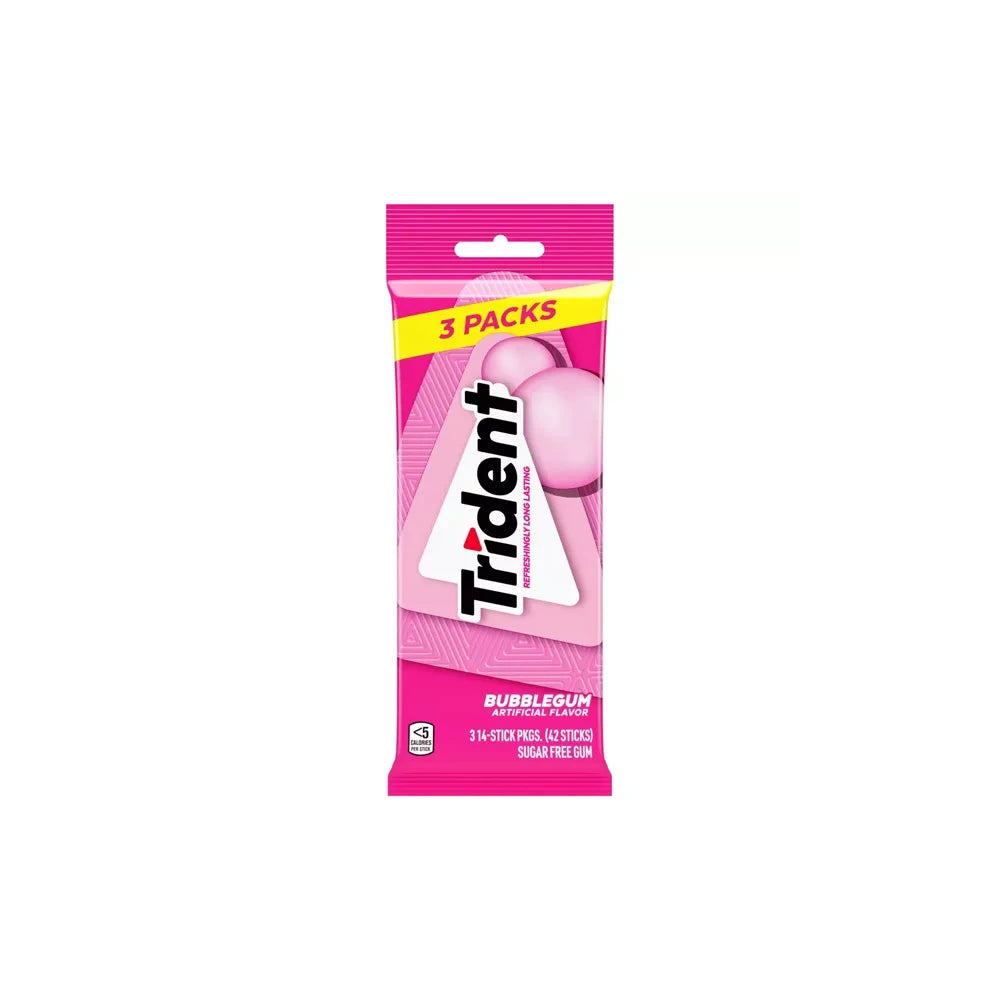 Trident Bubblegum Chewing Gums 3pk 2.8 Oz (Pack of 20)