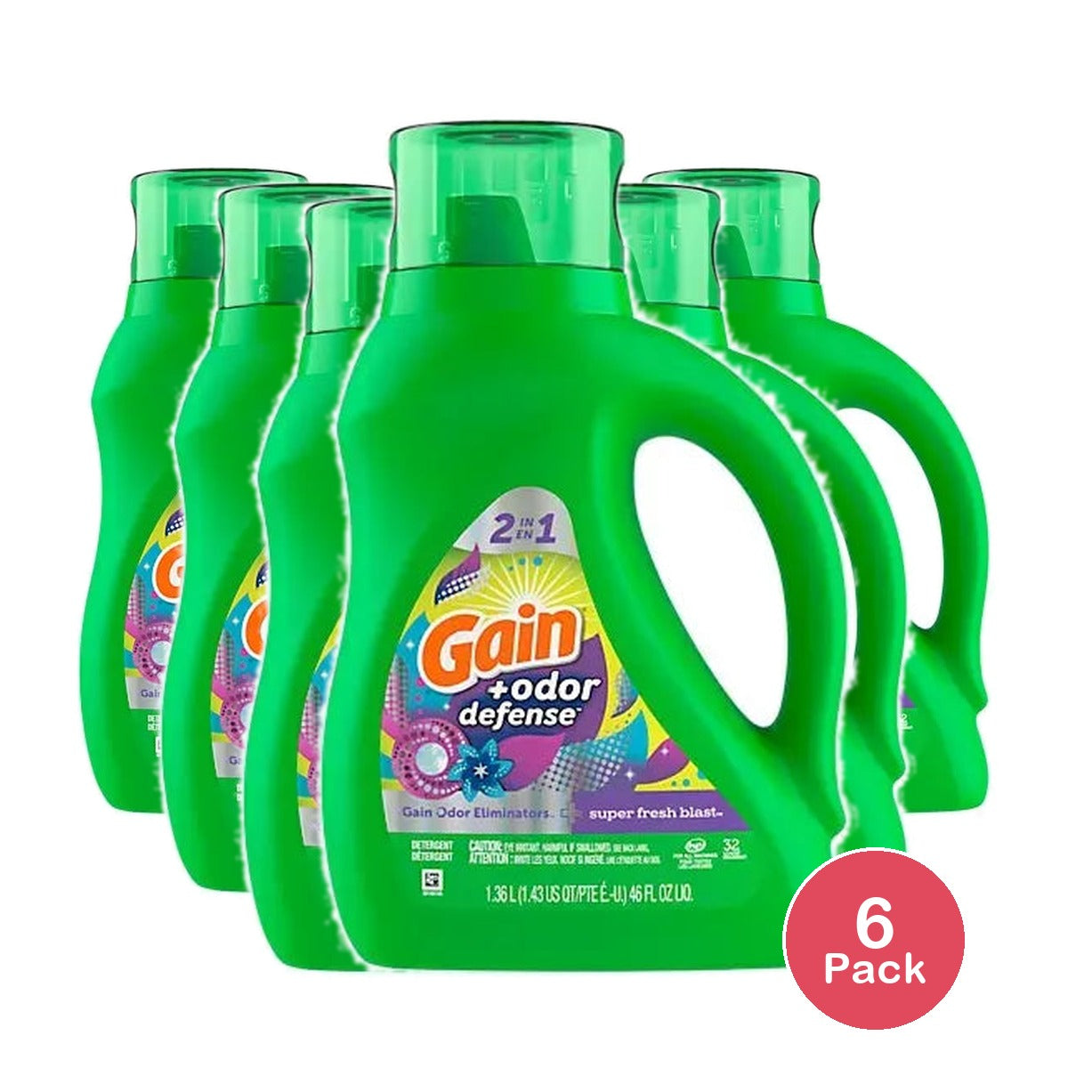 Gain Liquid Detergent 46 oz + Odor Defense (Pack of 6)