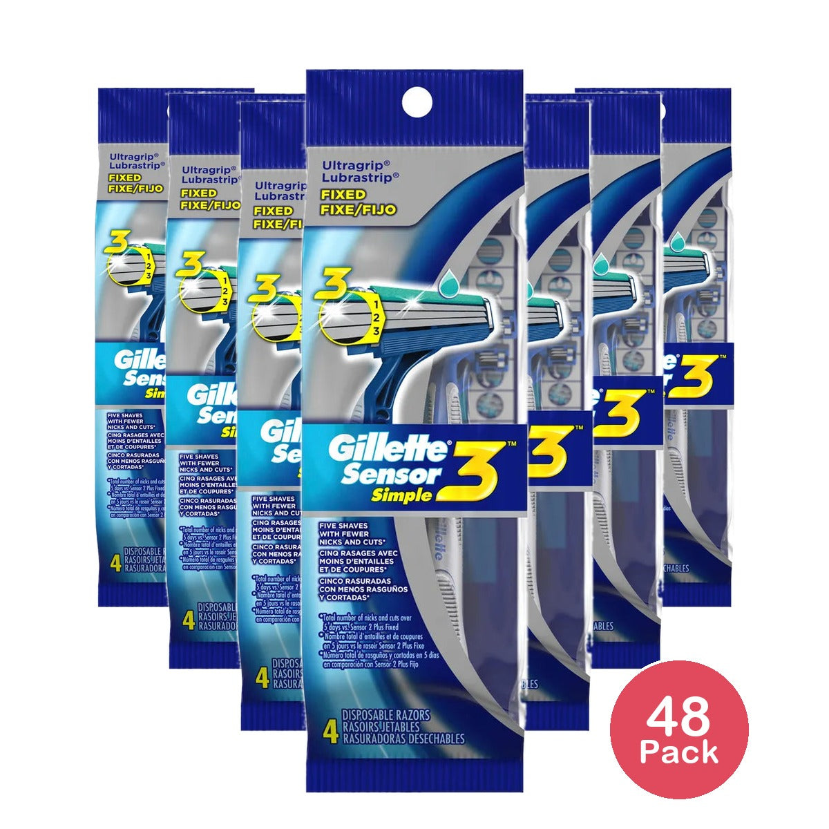 Gillette Sensor 3 Simple Disposable Razors 0.64Oz (Pack of 48)