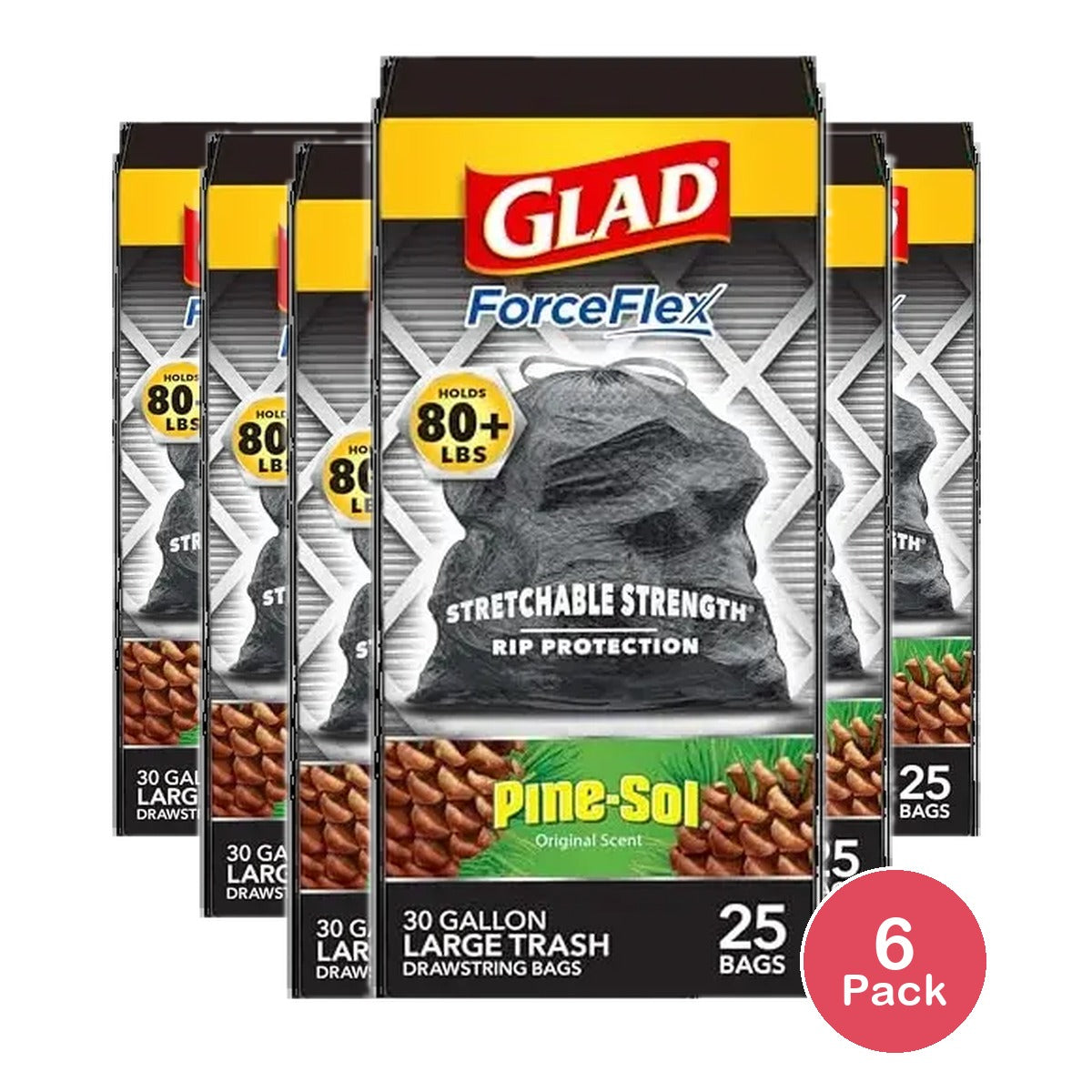 Glad ForceFlex Drawstring Trash Bag Pine-Sol 25 Bags 30.56oz (Pack of 6)