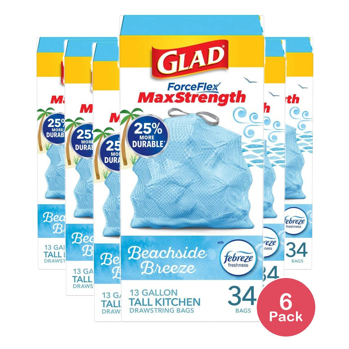 Glad ForceFlex MaxStrength 13 Gal Tall Kitchen Drawstring Trash Bags, Beachside