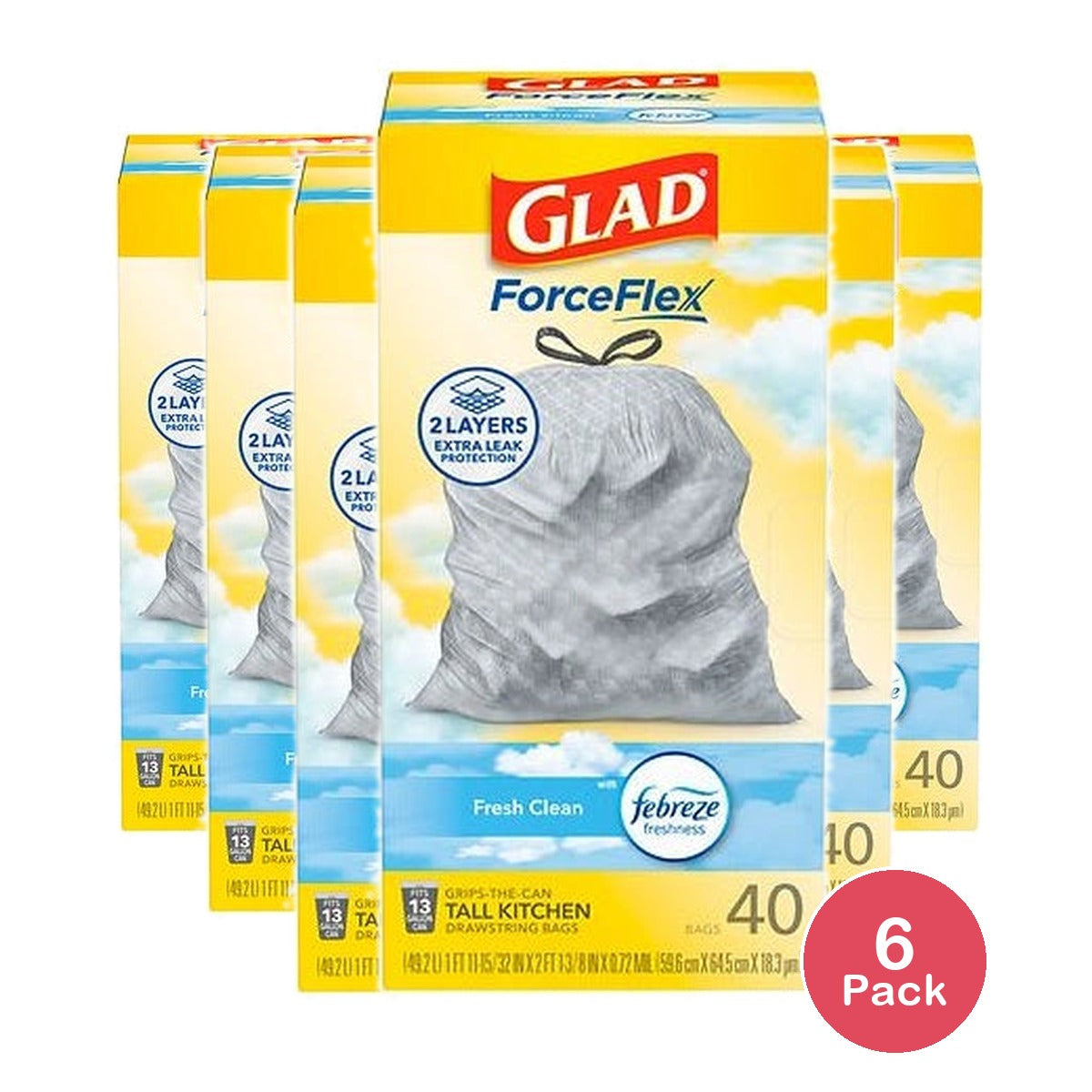 Glad ForceFlex Tall Kitchen Trash Bags 13 Gallon 40 Bags Fresh Clean Scent F (Pack of 6)