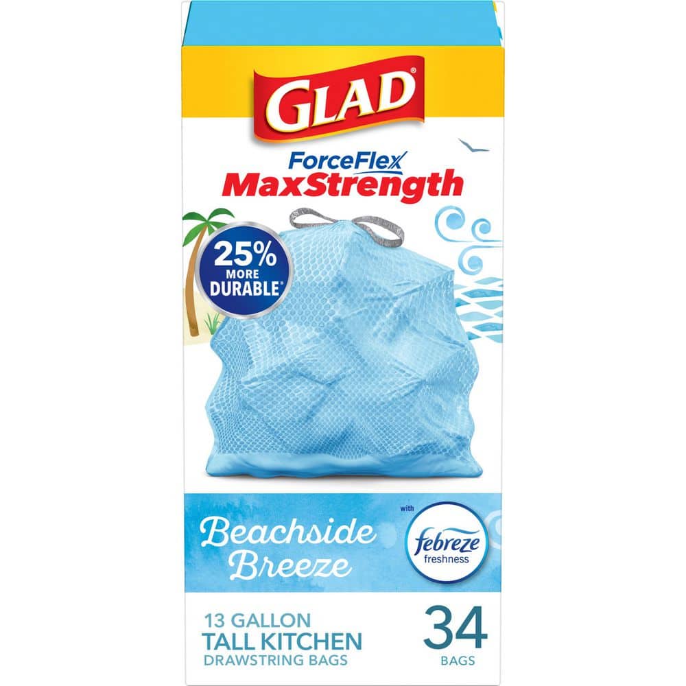 Glad ForceFlex MaxStrength 13 Gal Tall Kitchen Drawstring Trash Bags, Beachside