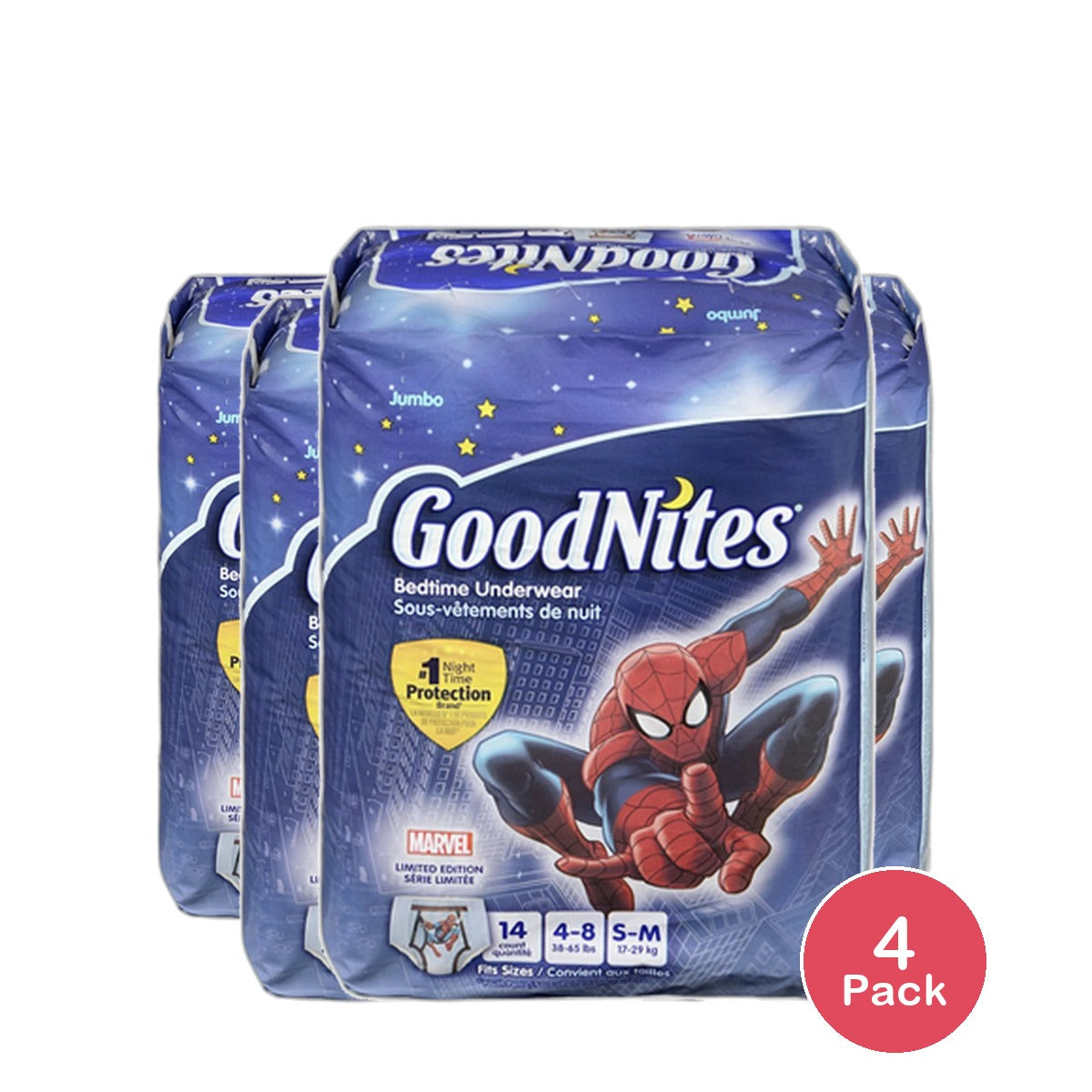 Goodnites Boys Bedtime Underwear Jumbo 38-65 Lbs Spider Man Small/Medium14 Ea 22.4Oz (Pack of 4)