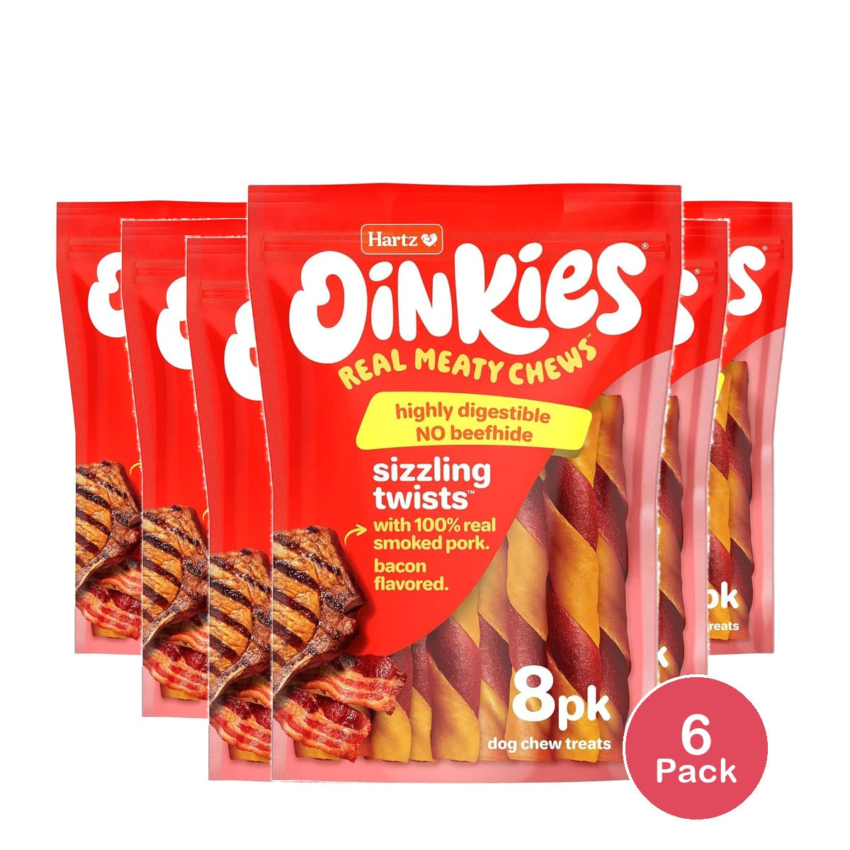 Hartz Oinkies Smoked Pig Skin Bacon Flavored Wrap Dog Treat Chews 8 Ea 8.75 Oz (Pack of 6)