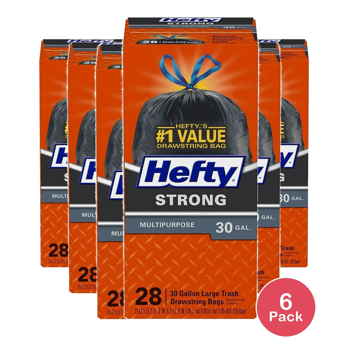 Hefty Strong Multipurpose Drawstring Trash Bags 30 Gallon 48oz (Pack of 6)