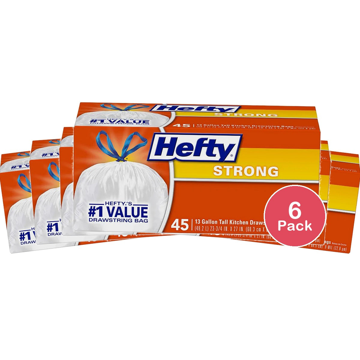 Hefty Tall Kitchen Drawstring Bags Strong 13 Gallon 20.96 (Pack of 6)