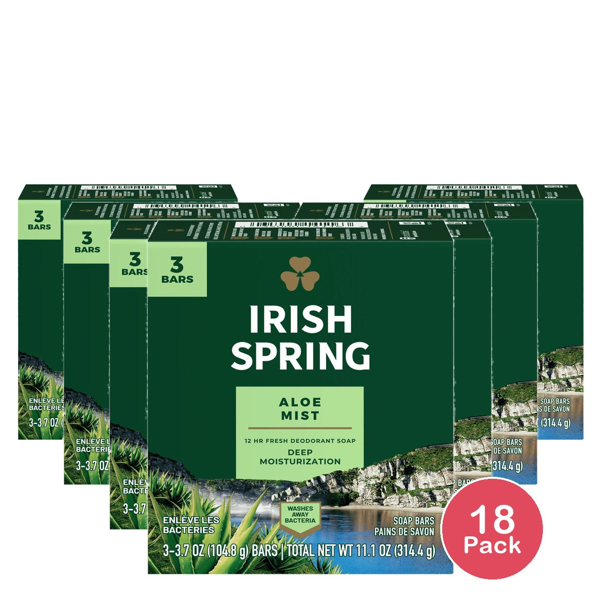 Irish Spring Bar Soap Aloe Mist Deodorant All Skin Types 3 Pack (Pack of 18) 11.1 Oz