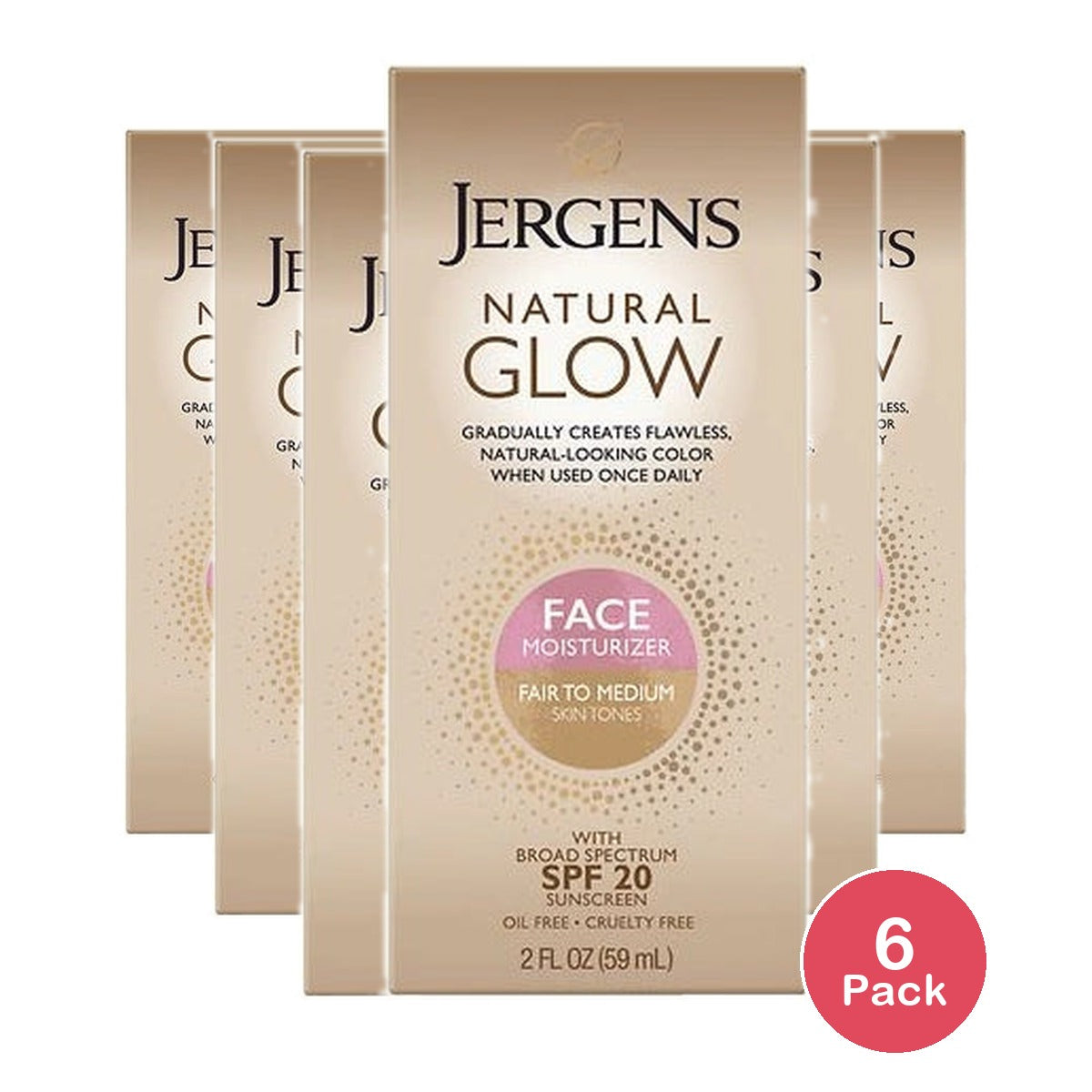 Jergens Natural Glow Face Moisturizer Self Tanner Daily Sunscreen - Spf 20 - 2 Fl Oz (Pack Of 6)