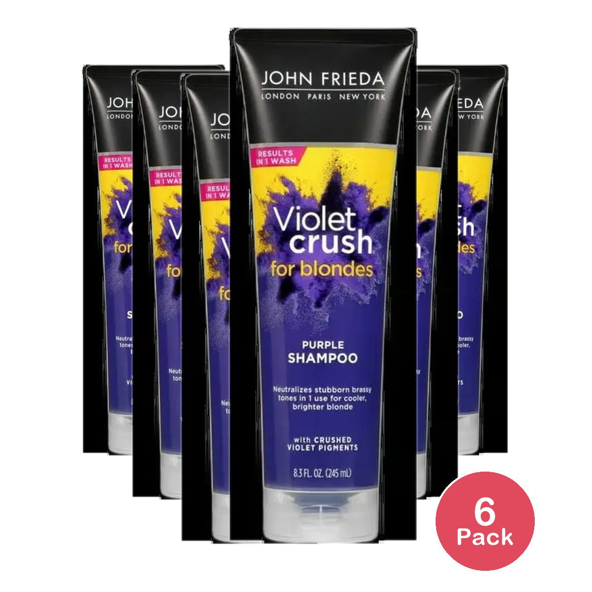John Frieda Violet Crush Purple Shampoo for Blonde Hair Blonde Toner Neutralizes Brassy Yellow Tones for Bleached Platinum and Natural Blonde Hair 8.3 Ounce (Pack of 6)