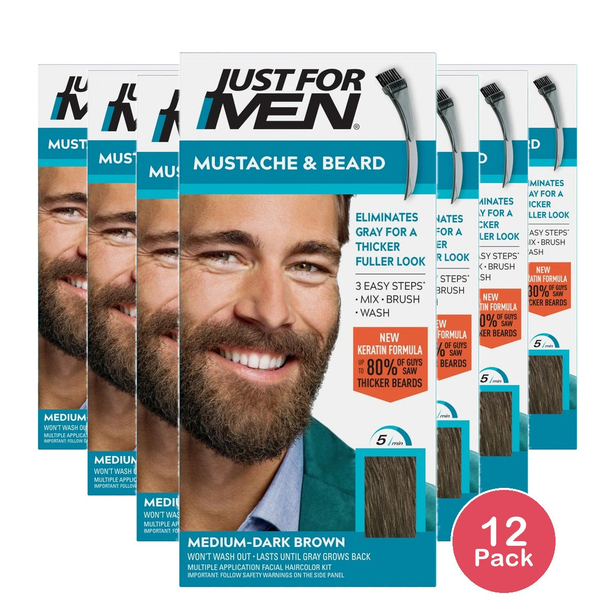 Just For Men Mustache & Beard Coloring for Gray Hair M40 Medium Dark Brown (Pack of 12)