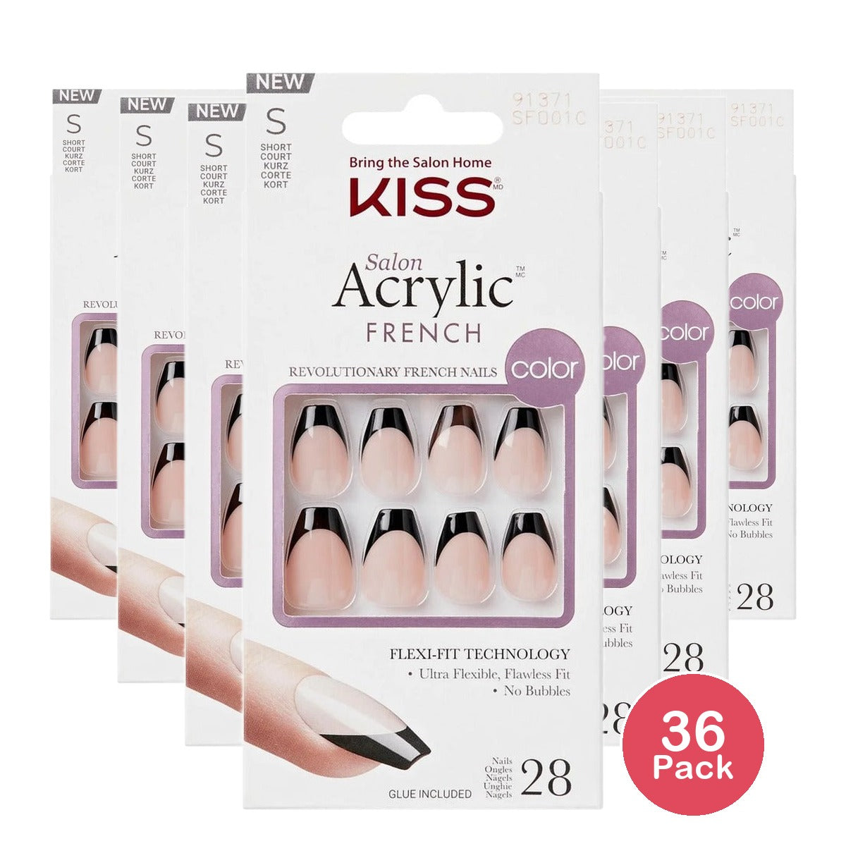 KISS Salon Acrylic French Flame Short Coffin (Pack of 36)