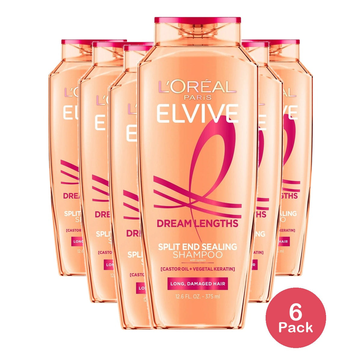 L'Oreal Paris Elvive Dream Lengths Damaged Hair Repairing Shampoo Squeeze 12.5 fl oz (Pack of 6)