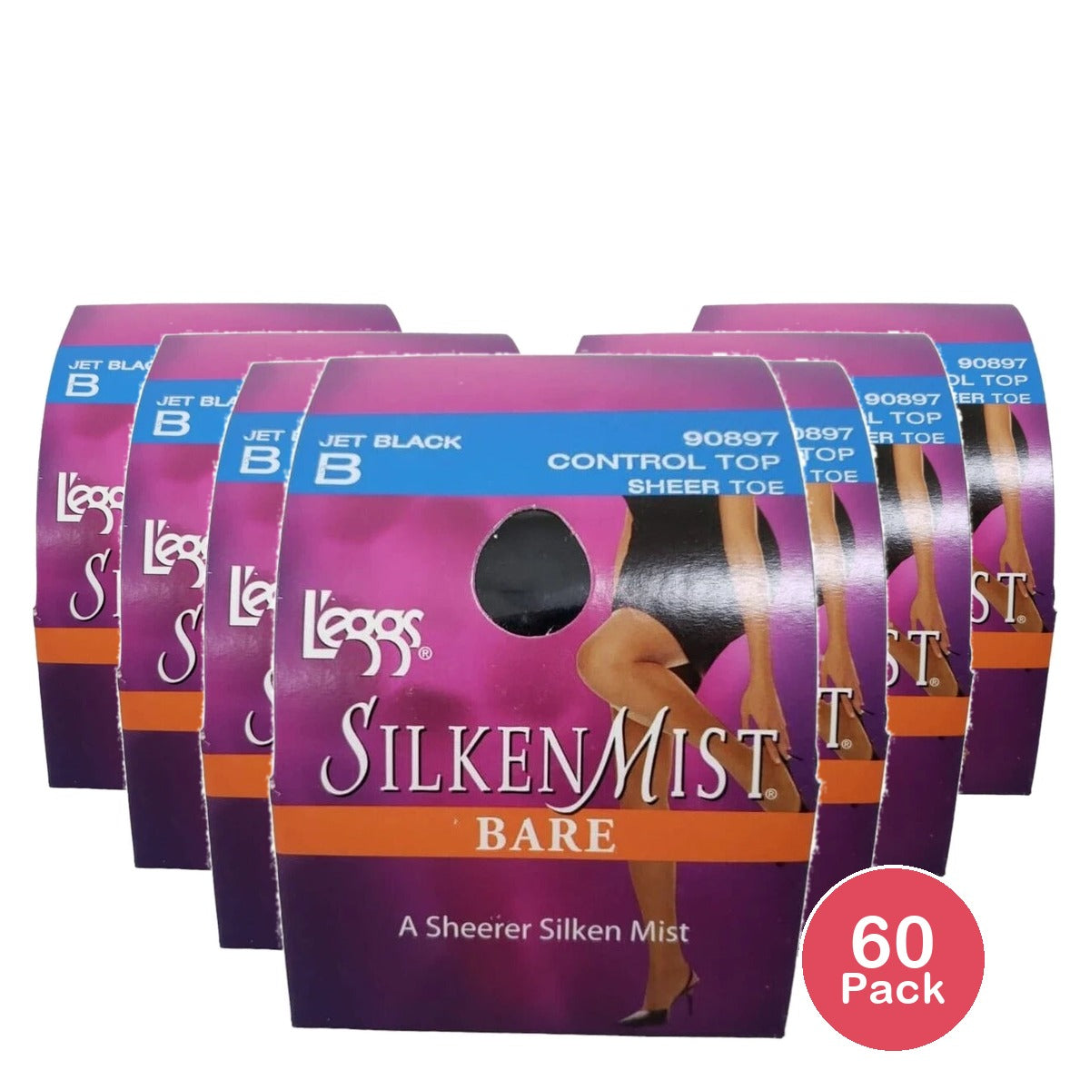 Leggs Silken Mist Bare Pantyhouse, Control Top, Sheerer Size B, Jet Black (Pack of 60)