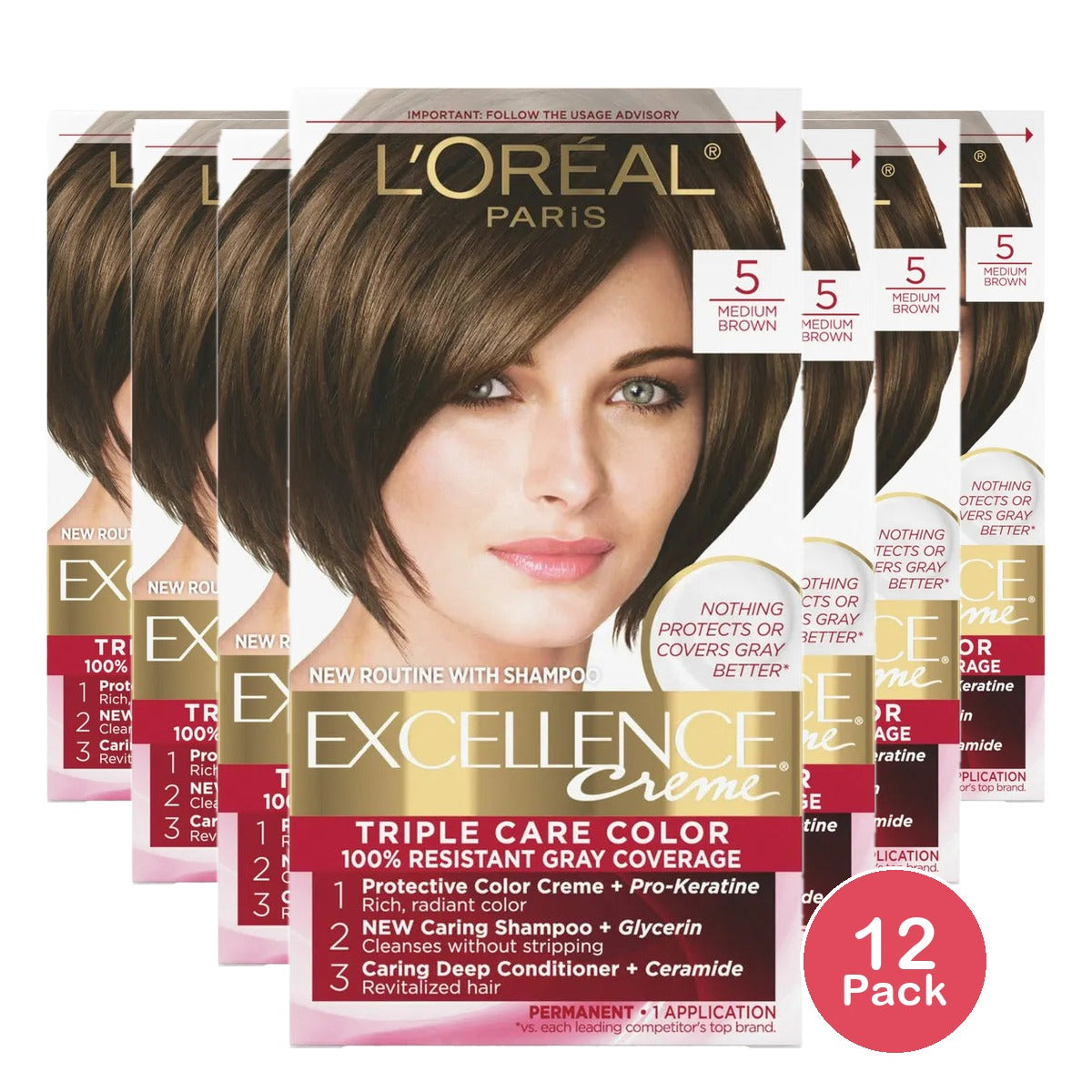 Loreal Excellence Triple Protection Hair Color Creme 5 Medium Brown 10.4oz (Pack of 12)