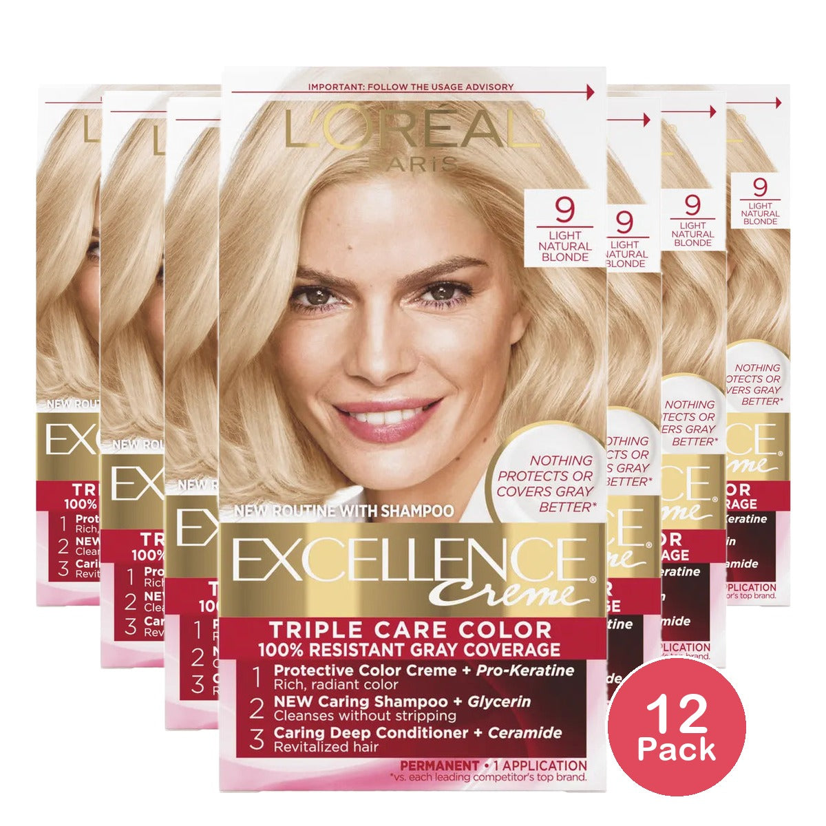 Loreal Excellence Triple Protection Hair Color Creme 9 Natural Blonde 10.4oz (Pack of 12)