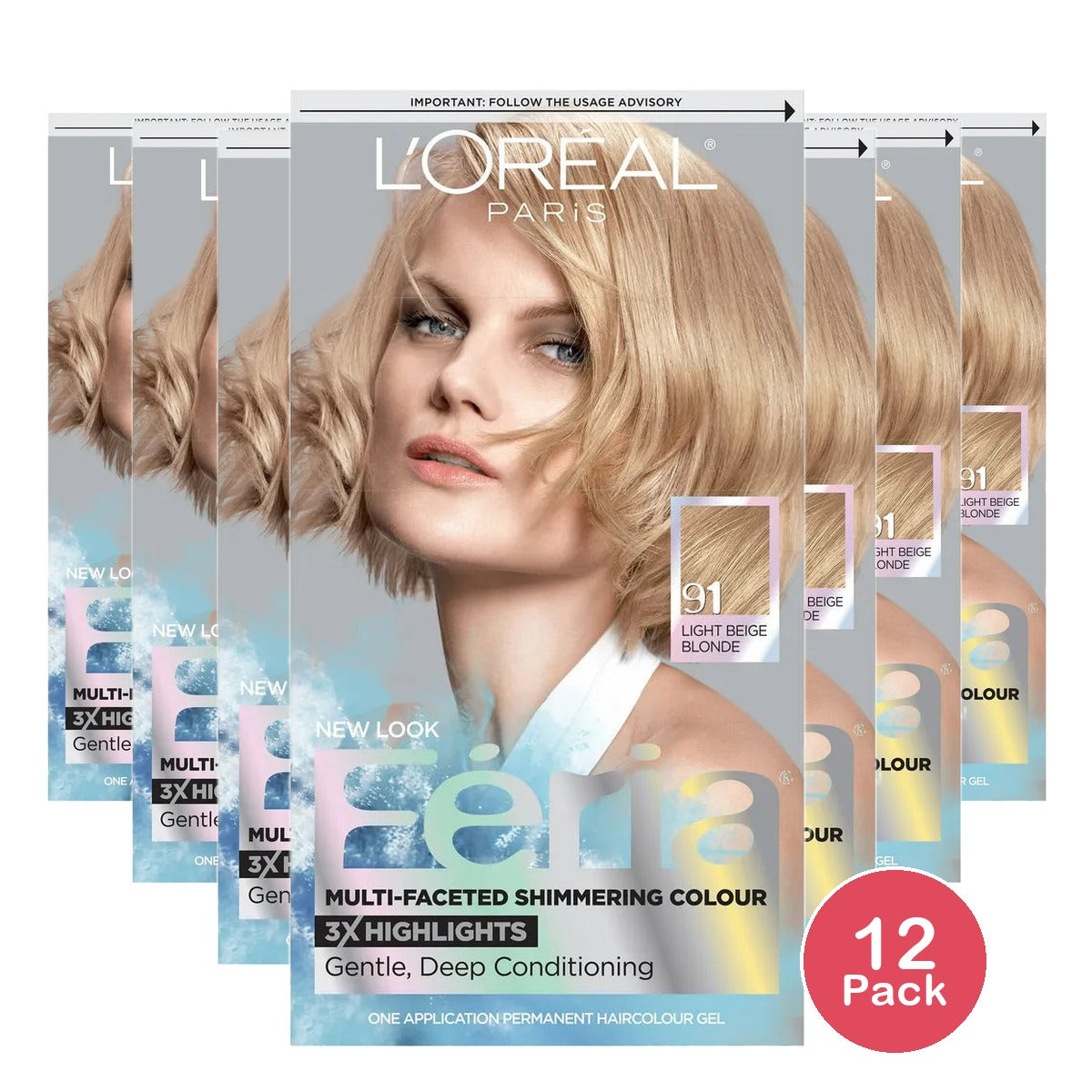 Loreal Feria Multi Faceted Shimmering Hair Color 91 Light Beige Blonde- 71249230015 (Pack of 12)